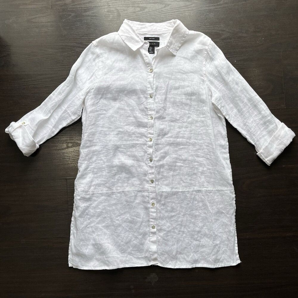 Tahari 100% Linen Tunic Womens M Button Up White Coastal Lagenlook Beach Boho